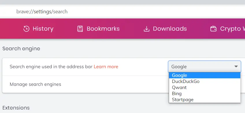 Brave browser Search Engine Choices