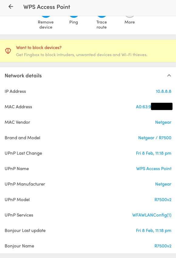 Fing app detects UPnP router information