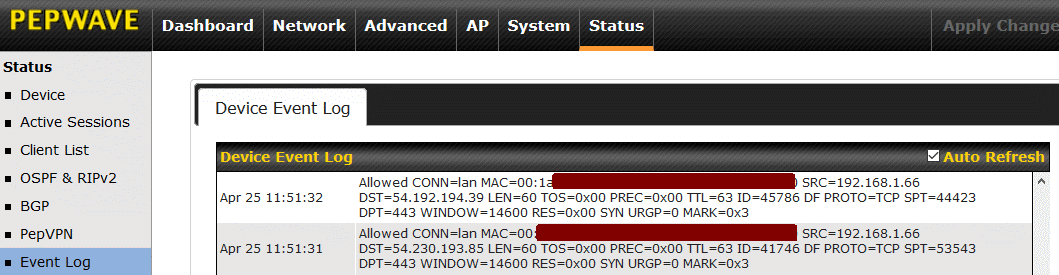 The Event Log of the Pepwave Surf SOHO