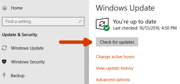 Check For Updates button in Windows 10