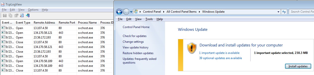 Side by side: Windows Update and network log