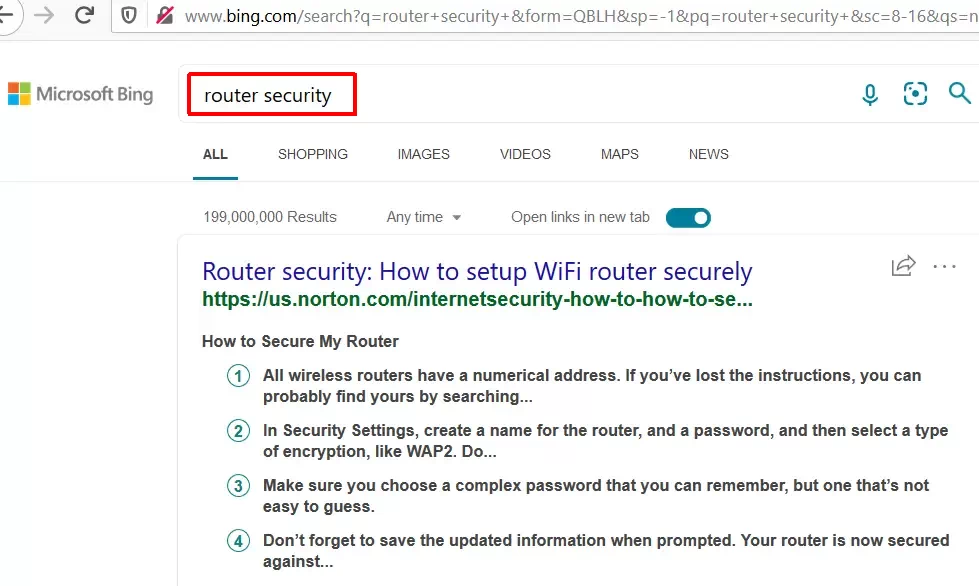 Bing search for Router Security
