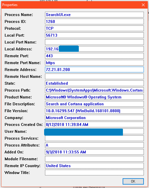 Details of one Cortana connection