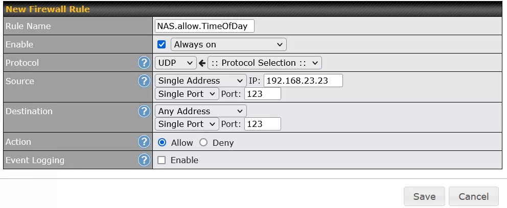 A firewall rule that allows NTP requests from the NAS