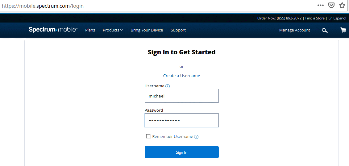 Spectrum Mobile website logon